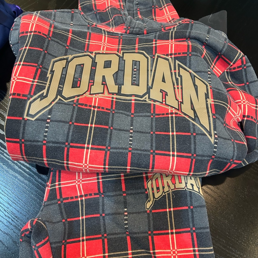 Jordan Red and Black Plaid Hoodie Set